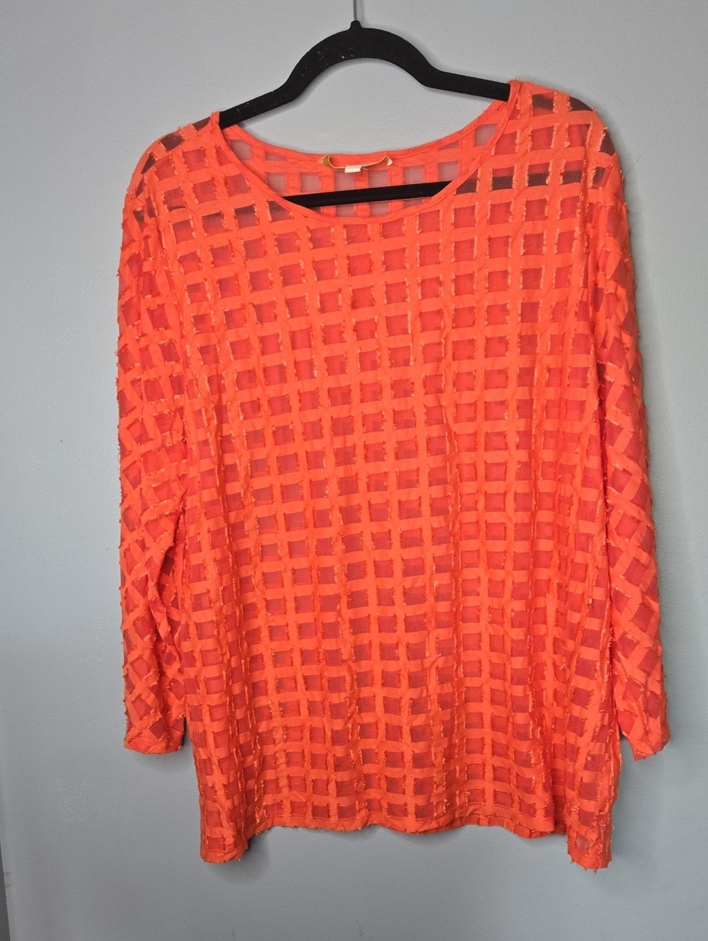 Etcetera XL Coral Burnout Grid Mesh Blouse Sheer 3/4 Sleeve Textured Top Coverup